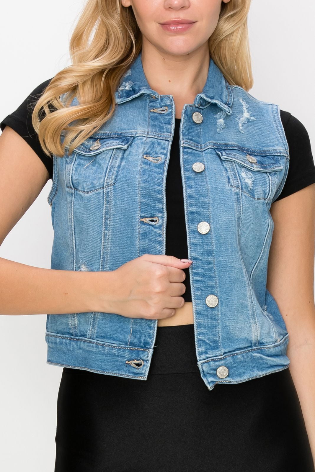 FashionMille Women's Buttoned Sleeveless Slim Fit Trucker Washed Distressed Jean  Denim Vest Jacket 