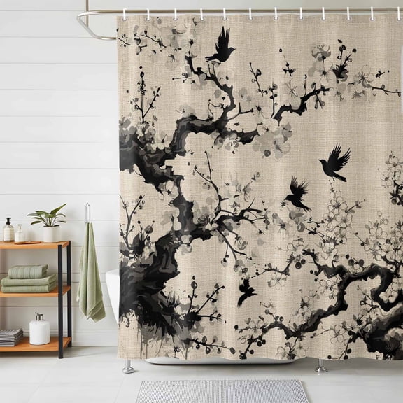 Shower Curtain Flower Branch Silhouette Shower Curtains for Bathroom Decor, Waterproof Polyester Shower Curtain Set with Hooks, Extra Long 72" x 96" Chinese Ink Painting Linen Texture