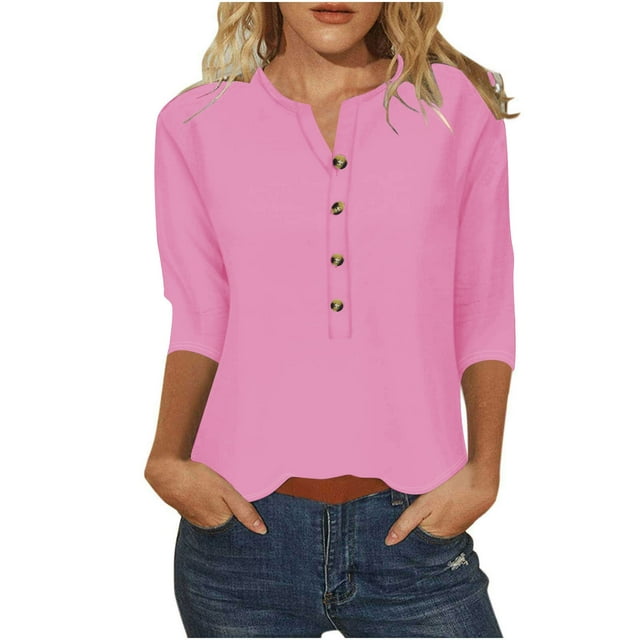 Besolor T-Shirts à Manches 3/4 pour Femmes Col Rond Tunique Boutonnée Hauts Décontractés Unis Été Printemps Blouse Tee Tenue 2024