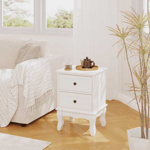 Modern Nightstand with 2 Drawers, French Country Bedside Table with Elegant Carved Legs, Small End Table for Bedroom, Living Room, Guest Room, White (1 PC)