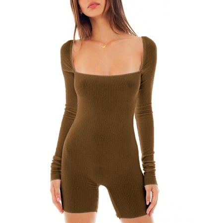 

Women One Piece Bodysuit V Neck Bodycon Y2k Long Sleeve Solid Shorts Stretchy Pajama Rompers Jumpsuit