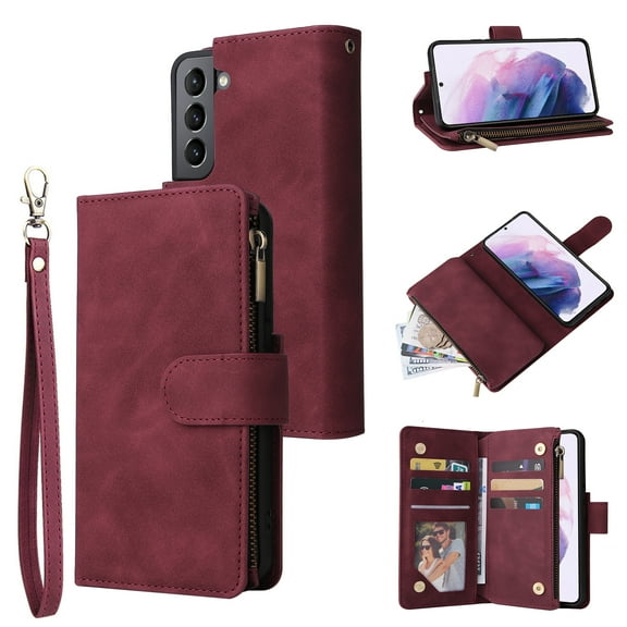 for Samsung Galaxy S22 Case Wallet with Card Slots, Premium Soft PU Leather Zipper Folio Flip with Wrist Strap Kickstand Protective Phone Cover for S22 Handbag Wallet Case, Winered