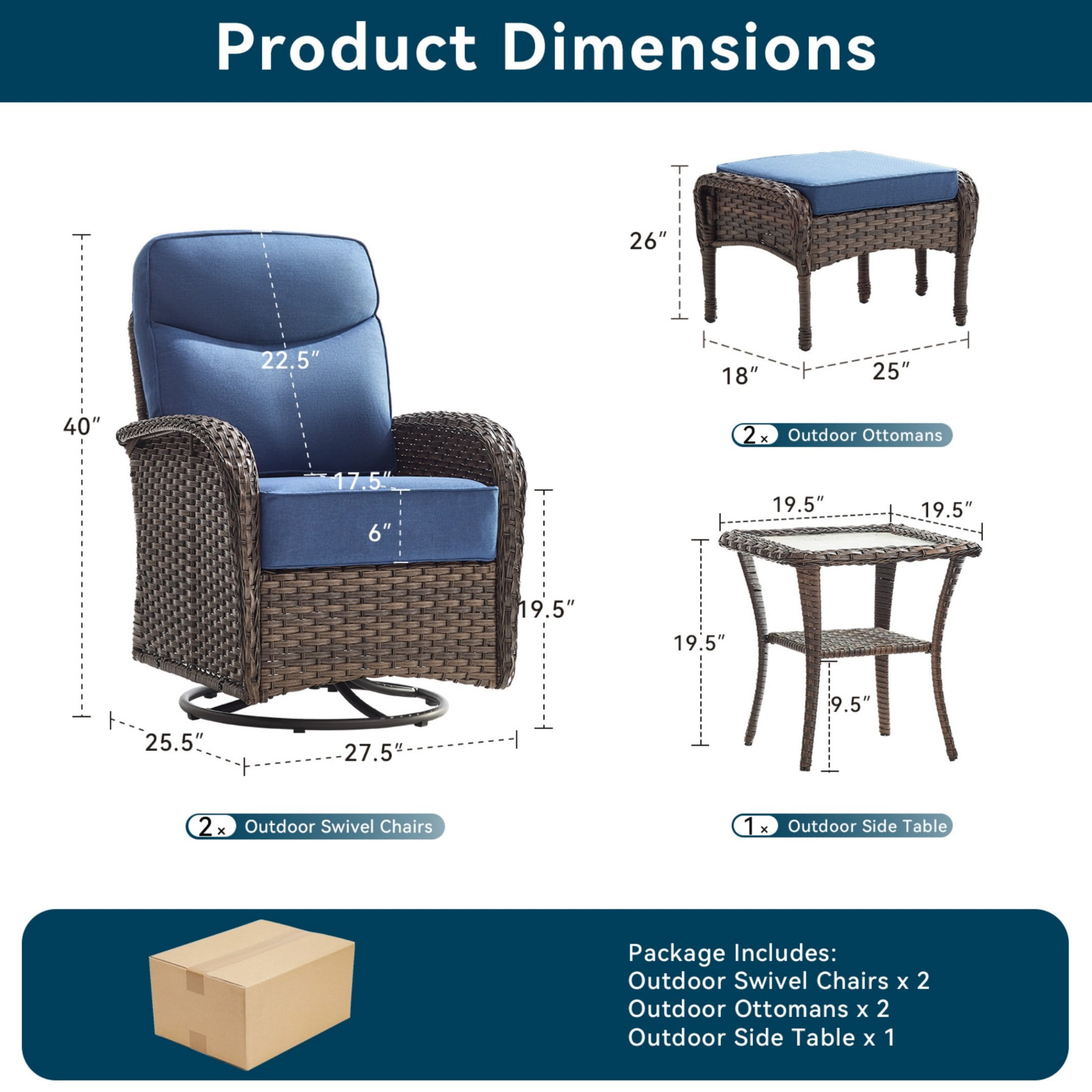 Unnifurnzi Outdoor Swivel Rocker Patio Chairs-6'' Thick Cushions Outdoor Rocking Chairs with Outdoor Ottoman Small Patio Furniture Set for Deck Porch Garden Balcony Poolside-Brown/Blue