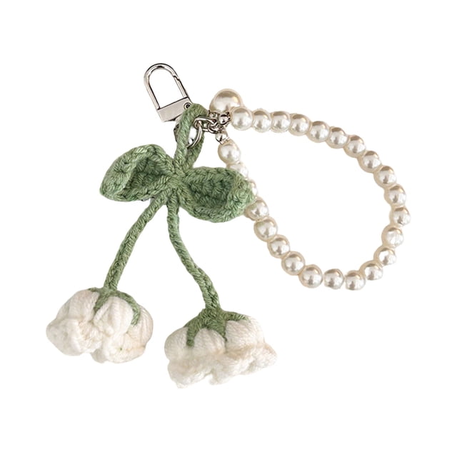 Llavero de flor de ganchillo hecho a mano con forma de flor y fruta, colgante para bolso con cadena de perlas de imitación, accesorio para niñas y mujeres, llaves y mochila.