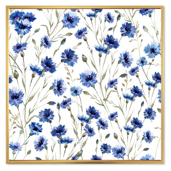 Designart 'Blue Wildflowers With Green Leaves On White' Traditional Framed Canvas Wall Art Print