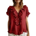 thumbnail image 3 of Ihhxva Women Cotton Tops Loose Fit Summer V-Neck Ruffle Blouse Casual Linen Top Flowy Boho Chic Beach Vacation Tunic S-2XL, 3 of 9