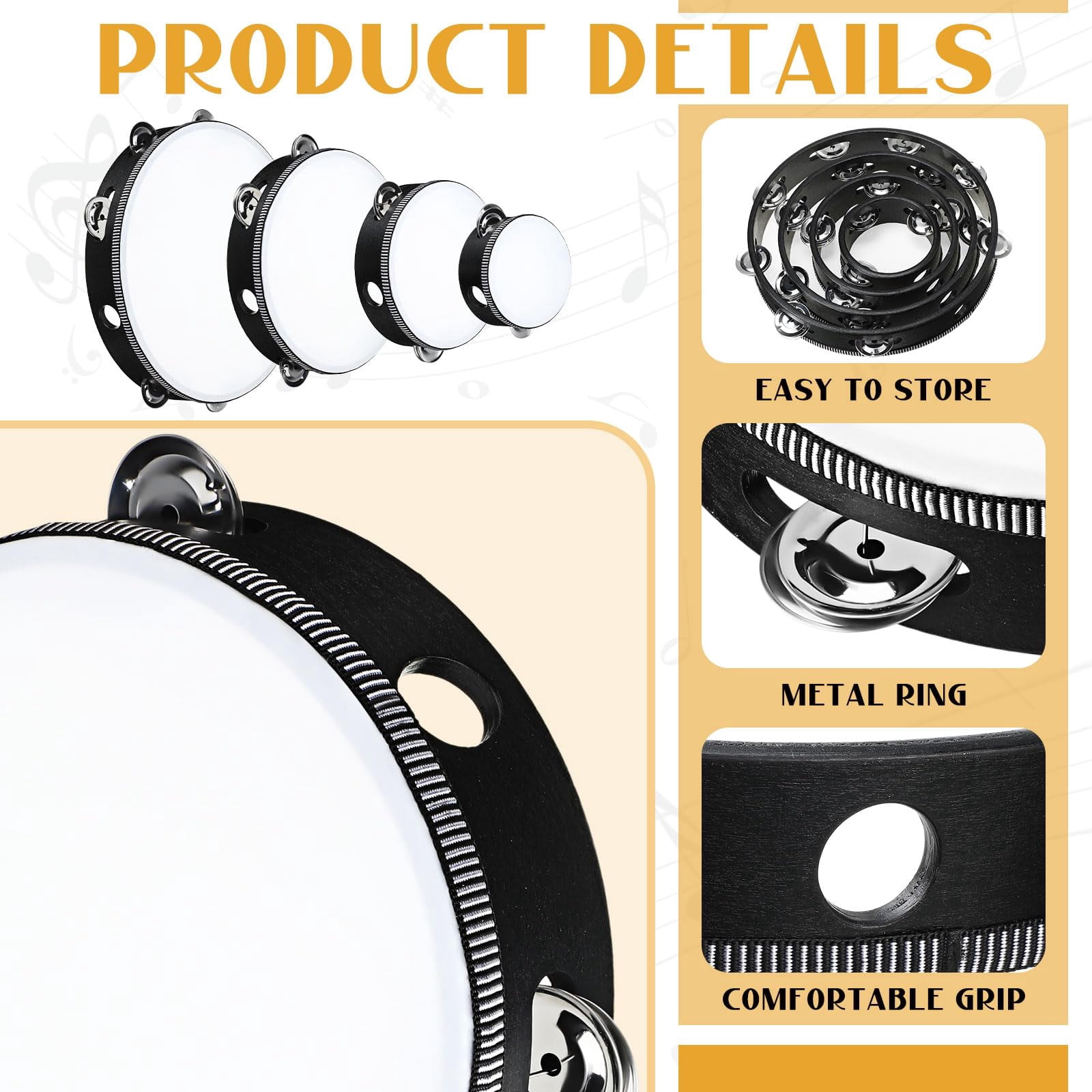 8 Pcs Tambourine For Adults Handheld Wood 4 Size Single Row Metal Jingles Musical Educational Gift Rhythm Percussion Instrument Church Party Ktv(black)