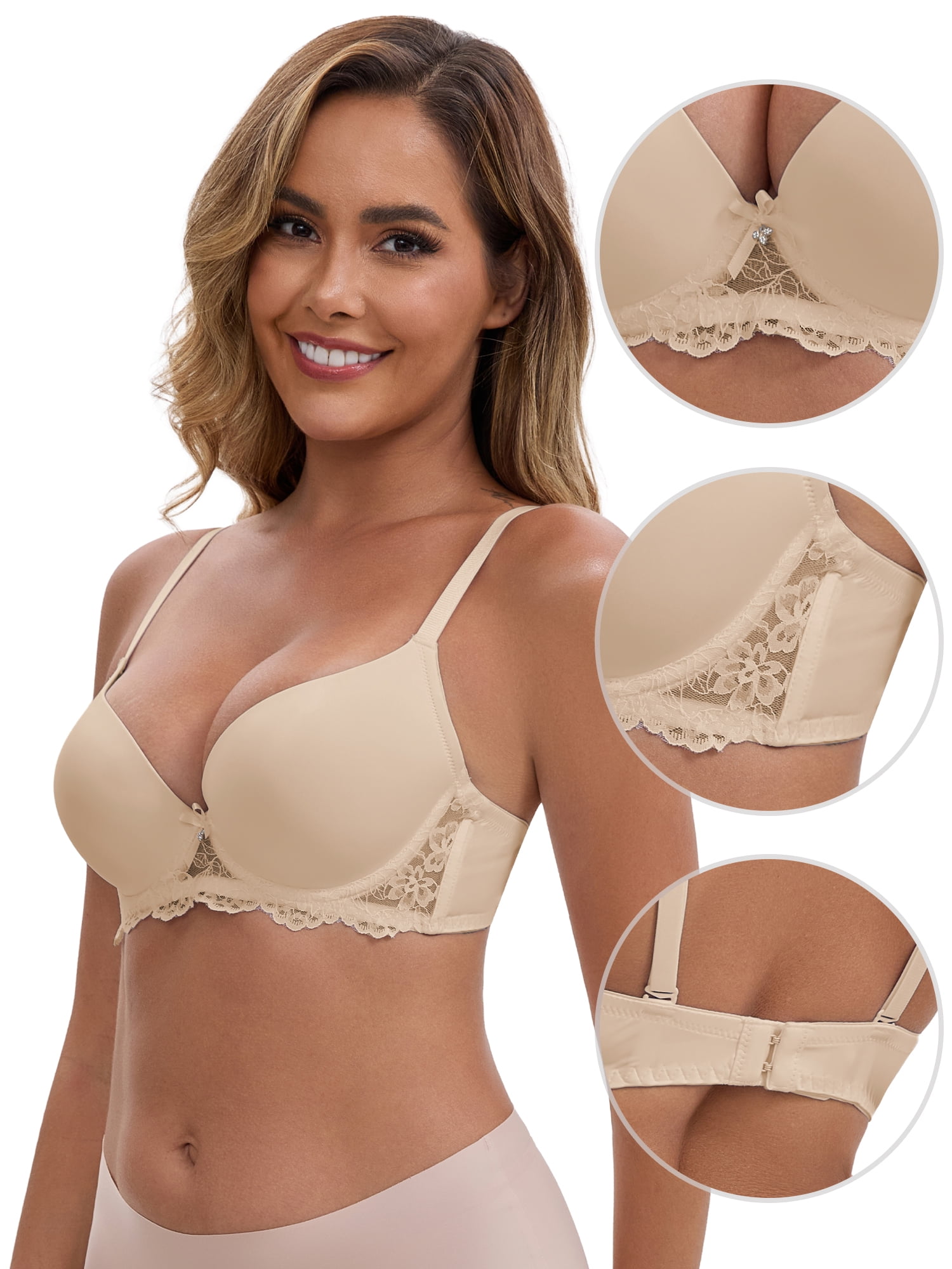 DARING DIVA Lace Plunge Push Up Underwired Bra Adjustable Straps 38C Apricot