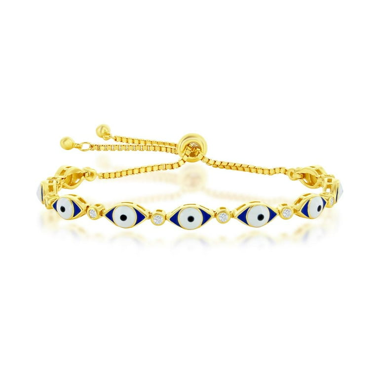 Sterling Silver Blue Enamel and CZ Eye Adjustable Bolo Bracelet Sterling Silver Blue Enamel and CZ Eye Adjustable Bolo Bracelet