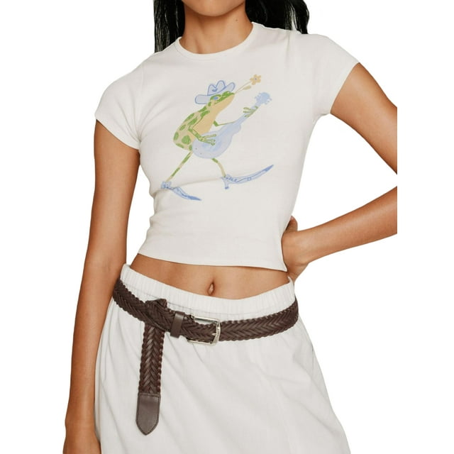 Gupgi Femmes Crop Tops Manches Courtes Crewneck Fruits Imprimer Bébé Tee-Shirts Adolescente Été Tendance Slim Ajusté Tops