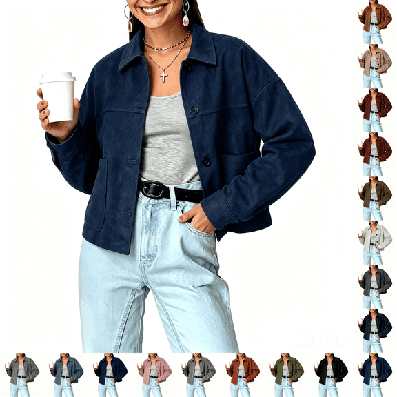 Asgosdo Women Faux Suede Cropped Bomber Jackets Soft Lined Lapel Button Down Casual Lightweight Coats Fall Winter Outerwear with Pockets