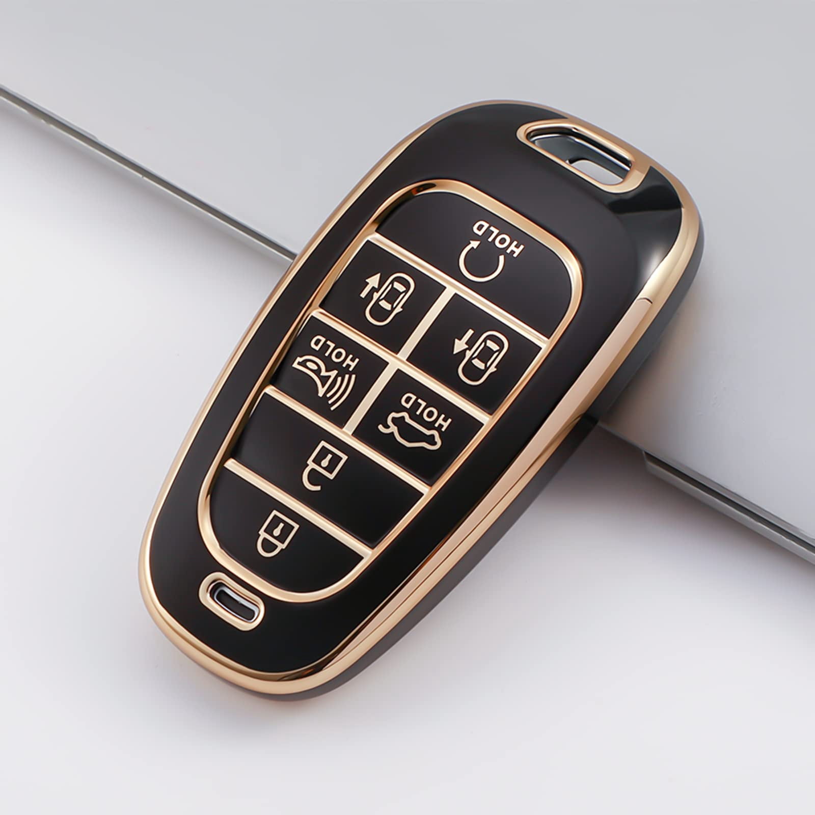 for Hyundai Key Fob Cover 7 Button with Leather Keychain Soft TPU 360 Degree Protection Car Key Case Shell Holder Fits for 2023 2022 2021 2020 Hyundai Sonata Santa fe Tucson