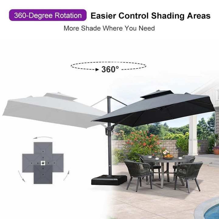 PURPLE LEAF Cantilever Patio Umbrella With Base 10' x 13' Rectangle Double Top Outdoor Heavy Duty Aluminum, Grey, for Patio, Deck, Garden, Pool