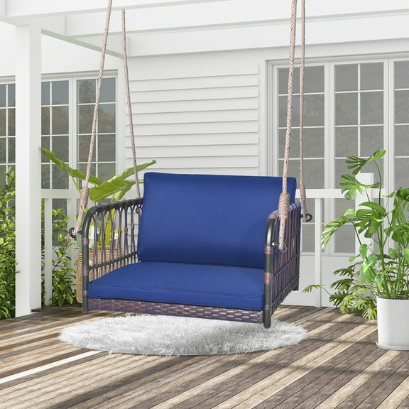 Gymax Patio Rattan Porch Swing Single Person Hanging Seat w/ Seat & Back Cushions Backyard