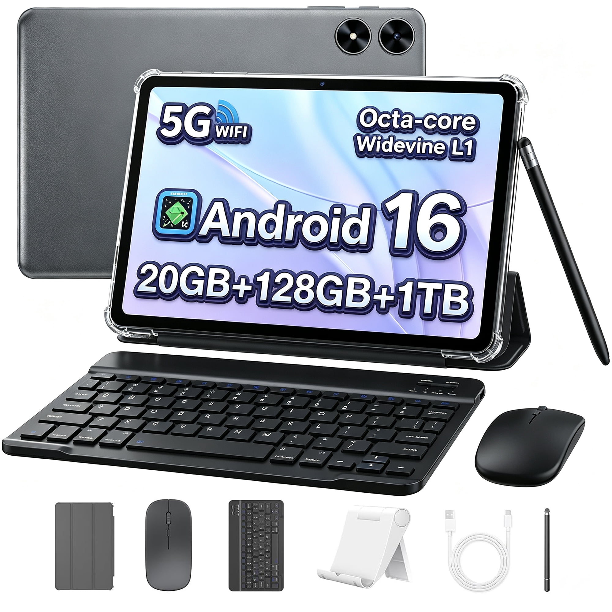 SHARECLOUD 10.1 inch Tablet, Android 16 Tablet with Keyboard, Octa-Core Processor, 20GB+128GB/1TB Expand, 6600mAh, WiFi 6, Gray