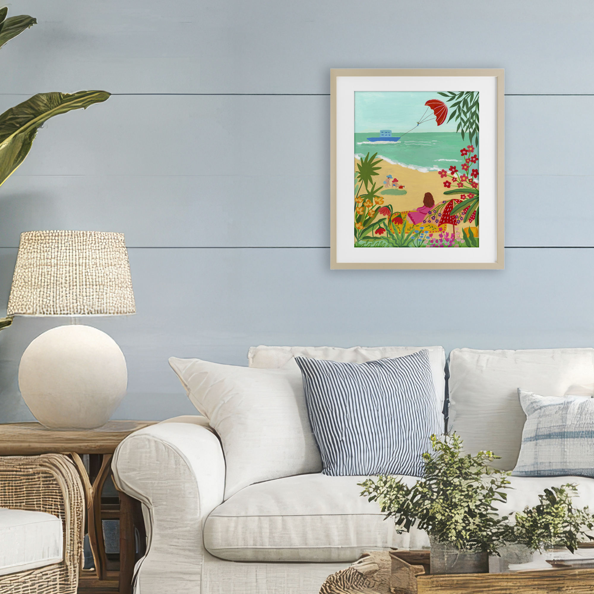 Beach And Flowers View Birch Framed Print Under Glass, design by Nabeela Rumi