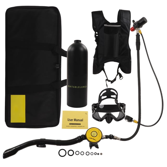 DIDEEP Kit de Réservoir de Plongée Équipement de Plongée 2L X5000Plus Masque de Plongée à Double Sangle Ensemble de Sac à Main Bouteille Noire Tête Noire