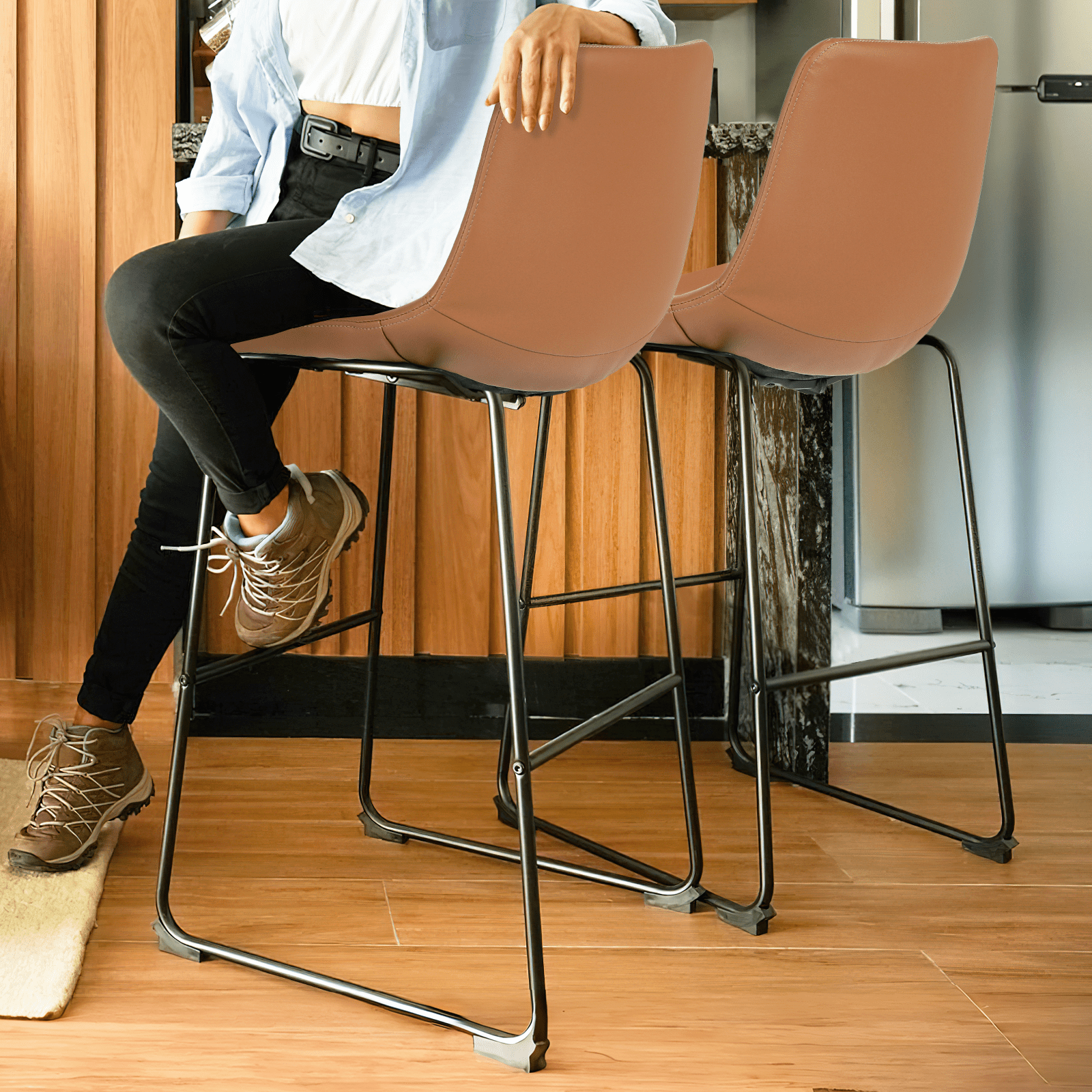 Magshion Modern Barstools Set of 2, PU Leather Counter Height Bar Stools, Dining Pub Chairs with Padded Bucket Seat, Brown