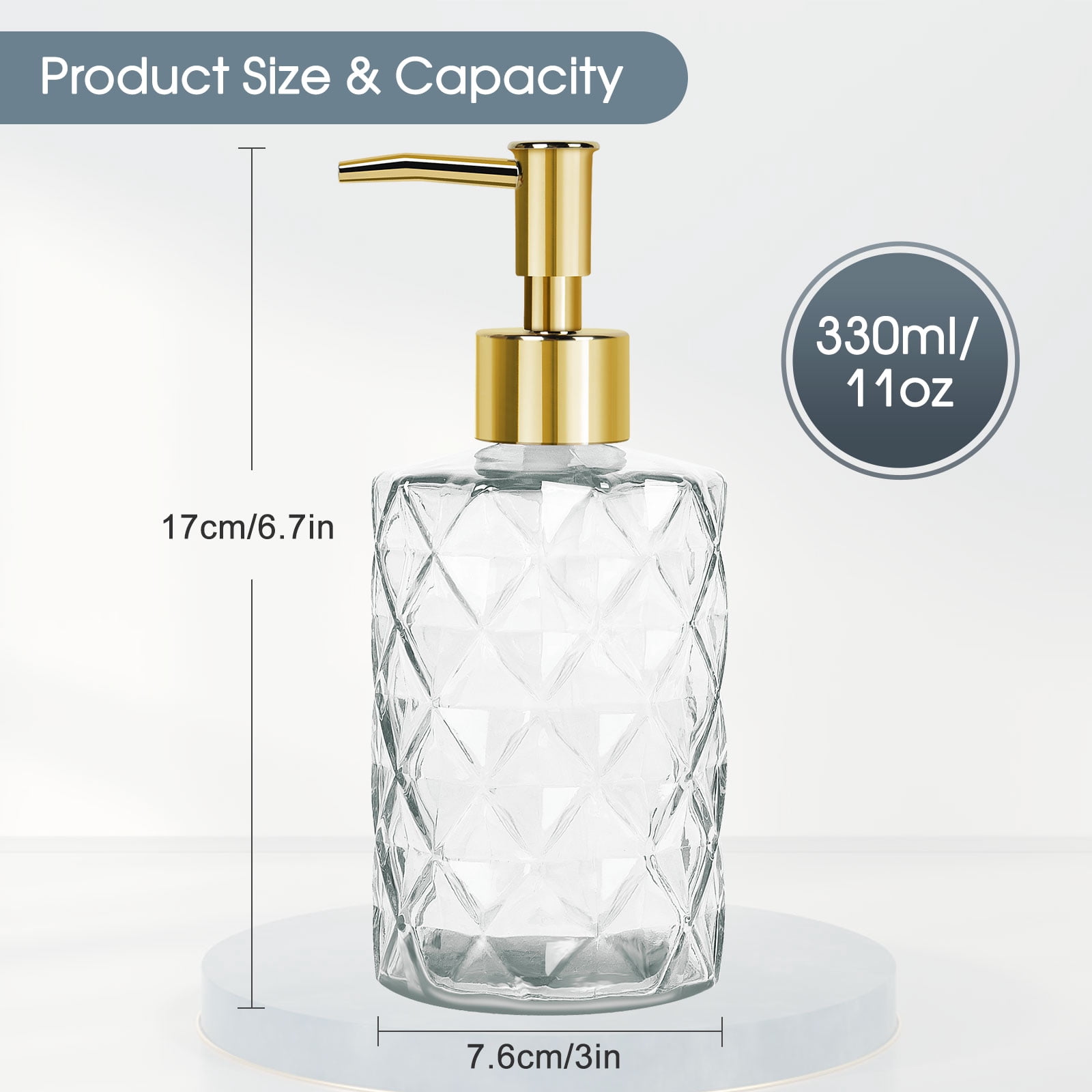 2pcs 330ml Glass Soap Dispenser Set - Transparent & Golden Liquid Hand Soap/Lotion/Shampoo Bottles, Sturdy Pump for Bathroom Kitchen Office Sink