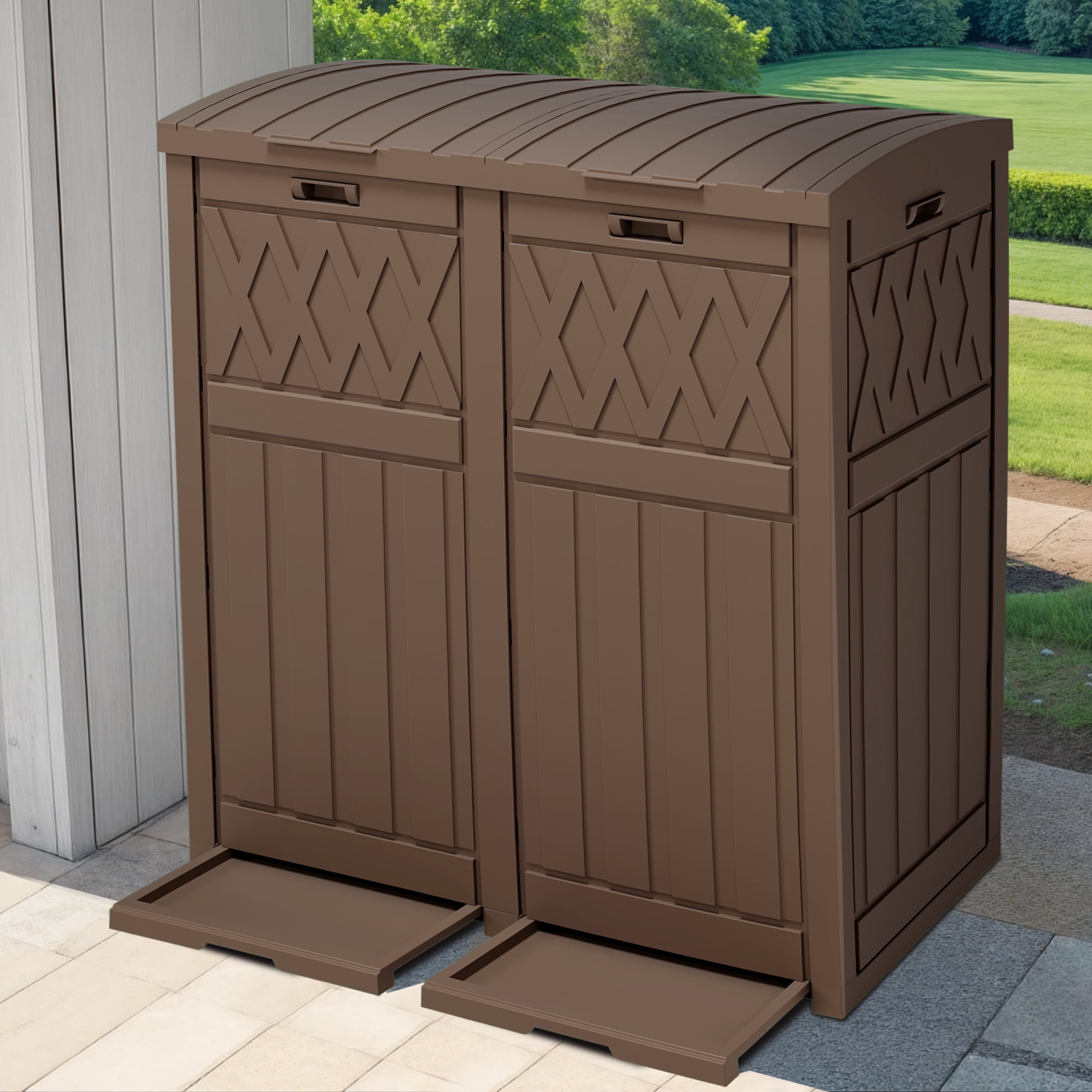 Uforic 62 Gallon Double Compartment Outdoor Trash Can, Waterproof Resin Garbage Bin with Tiered Lid & Drip Tray for Patio, Deck, Backyard, Dark Brown