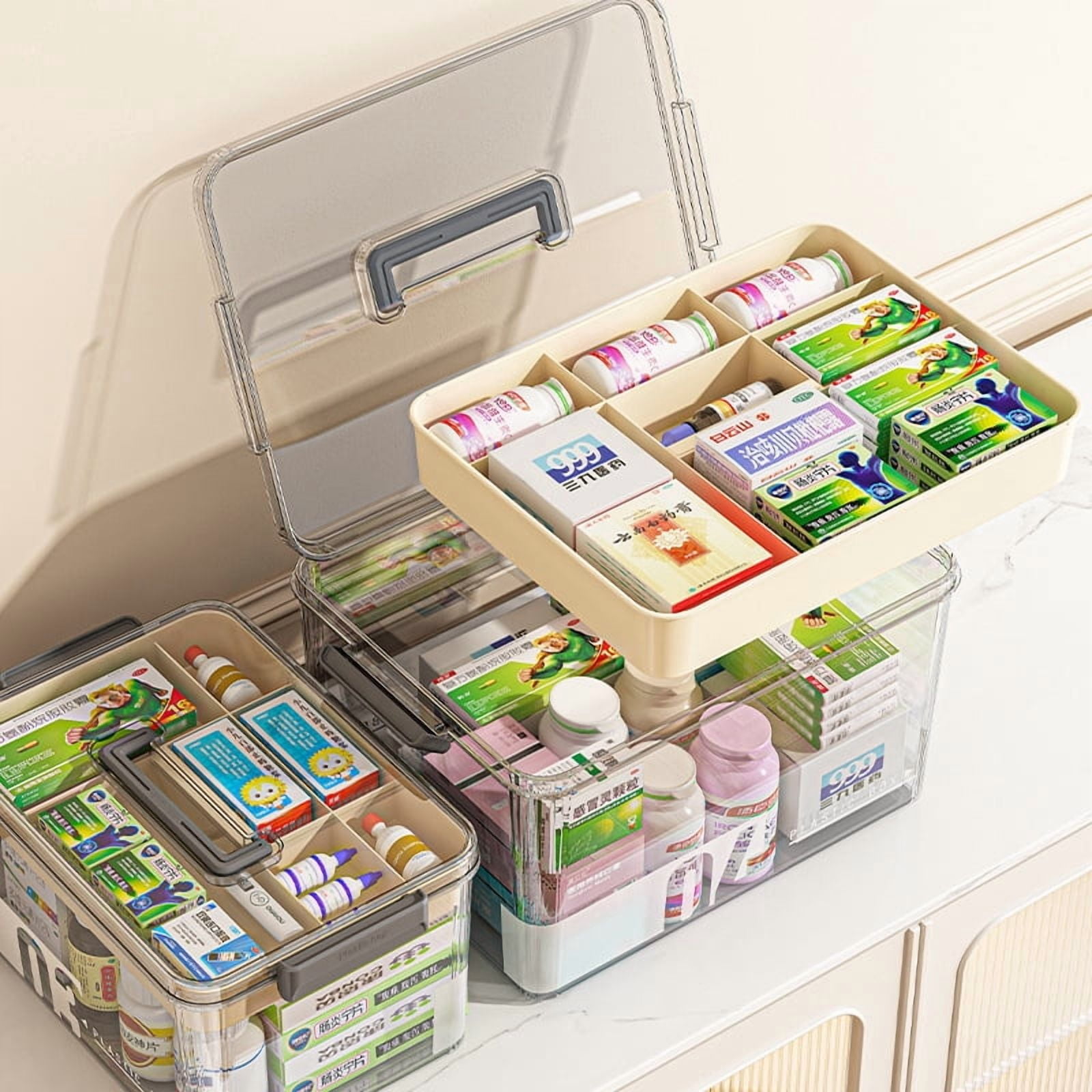 Clear Medicine Organizer Box with Handle, Plastic Medicine Container with Tray First Aid Box Empty, Thickened Medicine Storage Organizer Multipurpose Medication Organizer Storage