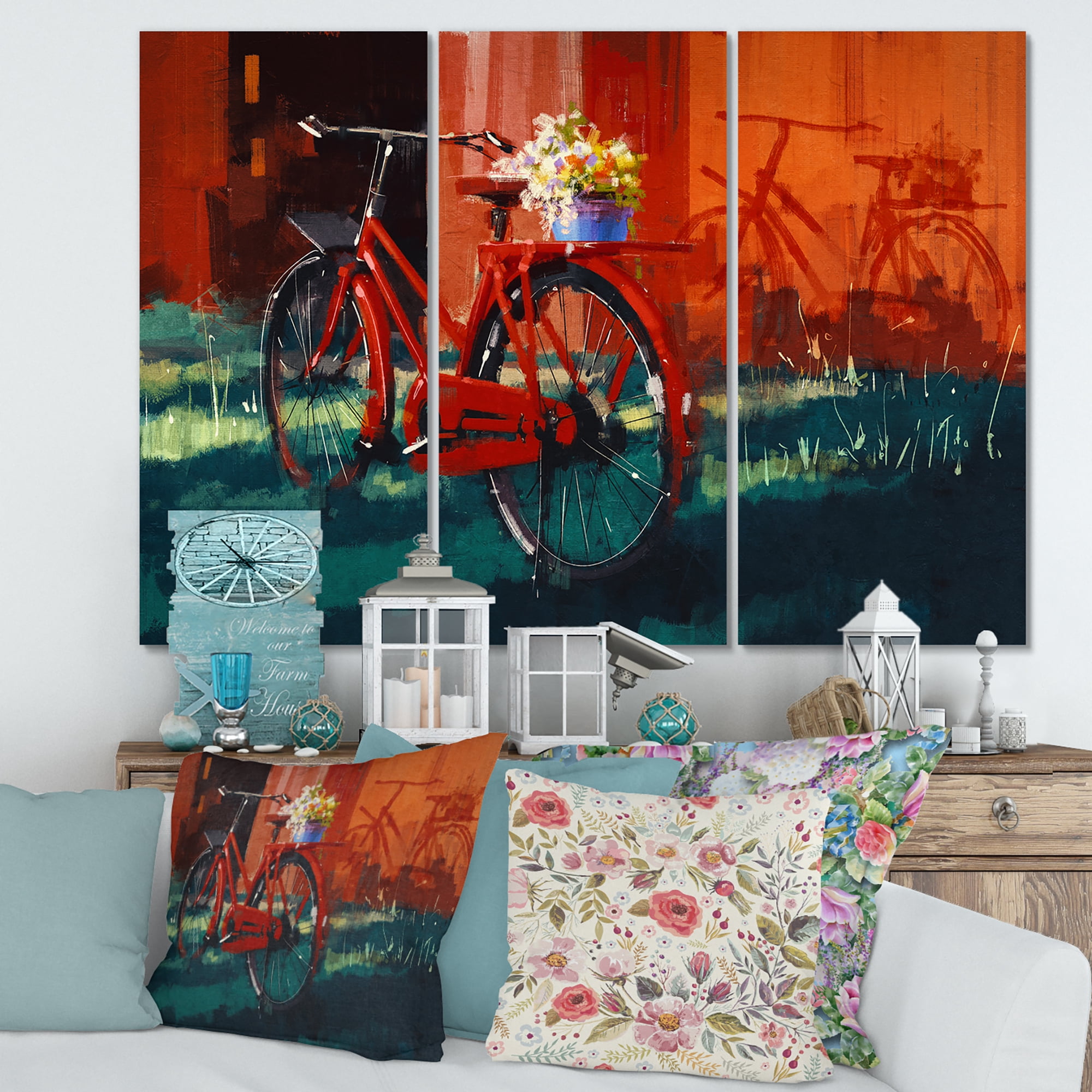Red VIntage Bicycle With Flowers Bucket 28 in x 36 in Painting Canvas Art Print, by Designart