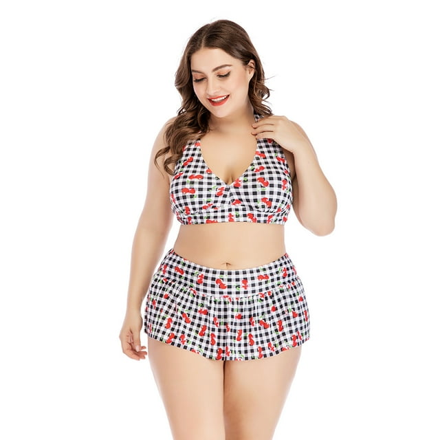 HAWEE Retro Cherry Floral Halter High Waist Bikini Set Halter Carnival Swimsuit Plus Size Strappy Push Up 2 Pieces Bikini Bathing Suits