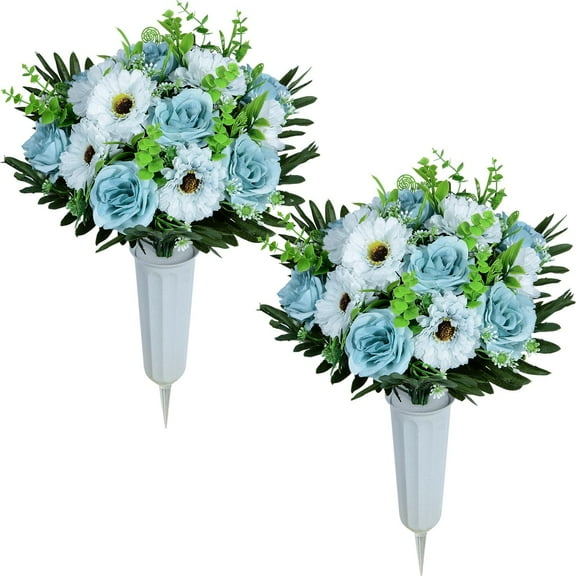 Artificial Cemetery Flowers, Spring Memorial Bouquet with Vase, Outdoor Grave Flowers Decorations, Artificial Rose Gerbera Flowers for Cemetery, Gravestone, Set of
