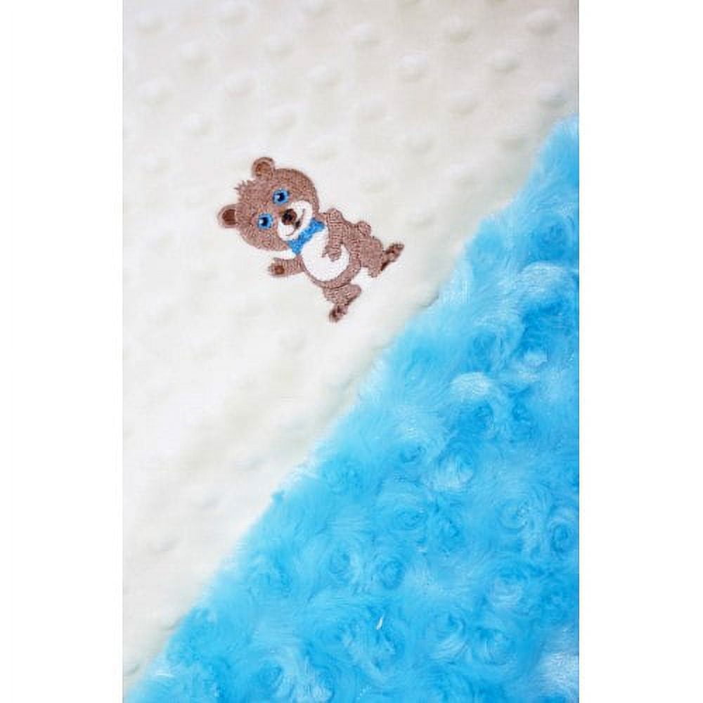Lil' Cub Hub Yellow Dot with Turquoise Minky Rosebud, Embroidered Boy Bear Stroller Blanket