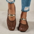 thumbnail image 2 of Rokment Metallic Gold Buckles Fishnet Ballet Flat Dress Shoes for Women Ladies Fashion Casual Mesh Square Toe Low Heels Business Office Work Slip on Loafers Summer Fall Brown Size 8, 2 of 7