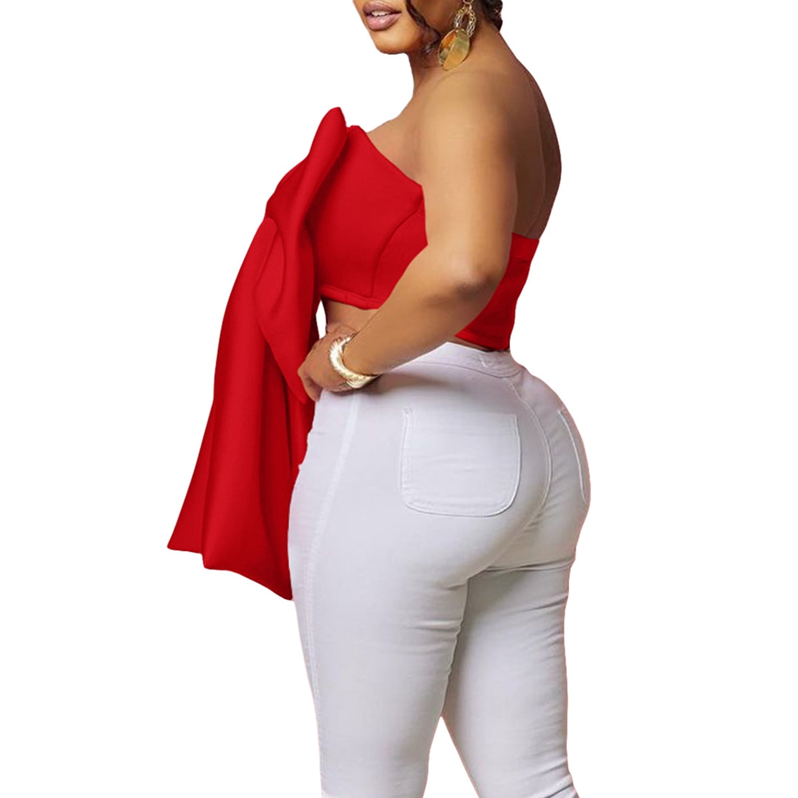 Women's Elegant Big Bow Tie Tube Tops Strapless Off Shoulder Sexy Backless Solid Tank Crop Shirts