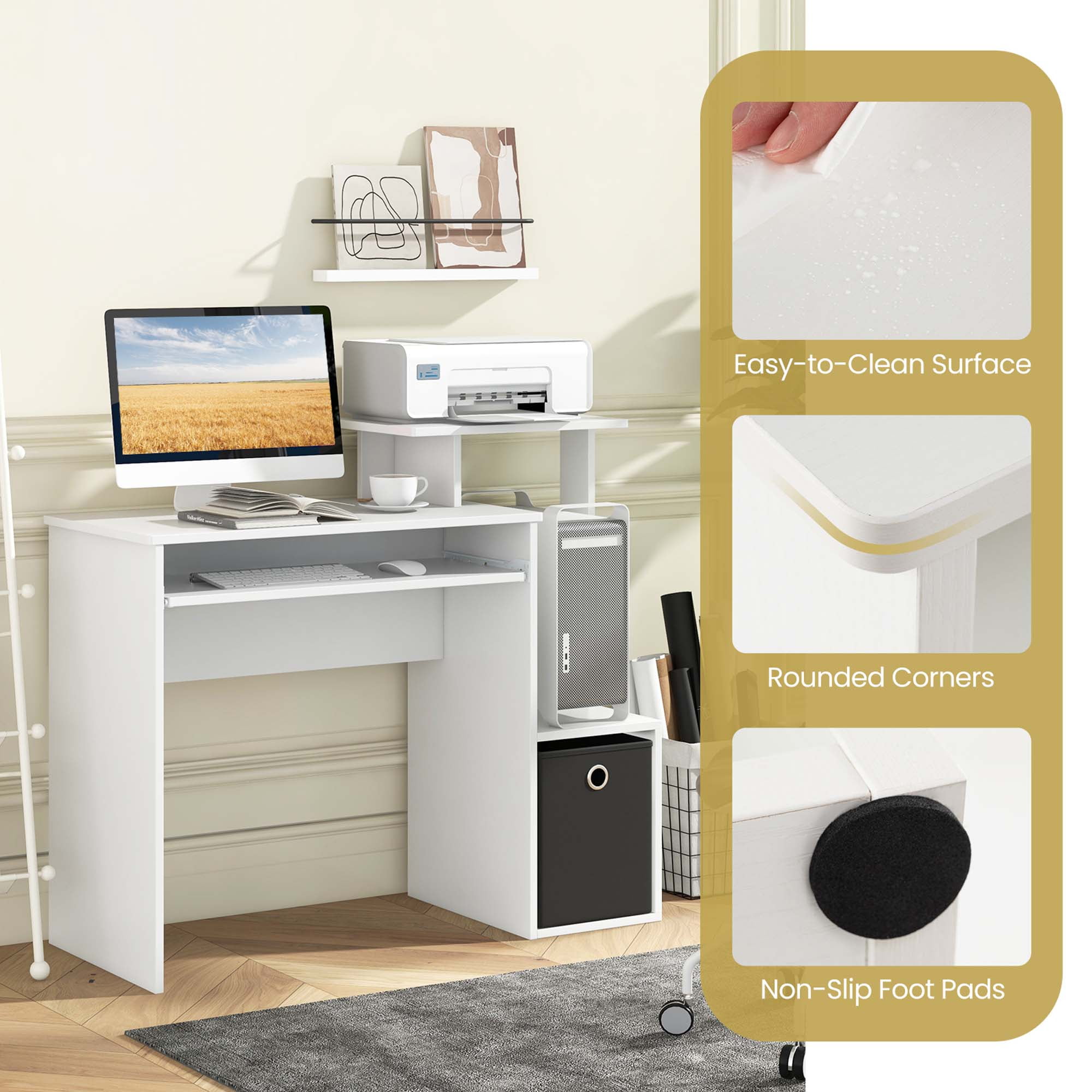 Costway Home Office Computer Desk Space-saving Study Writing Desk with Keyboard Tray White