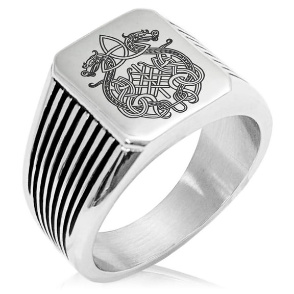 Stainless Steel Dragon Knot Skuld's Net Viking Rune Needle Stripe Pattern Biker Style Polished Ring