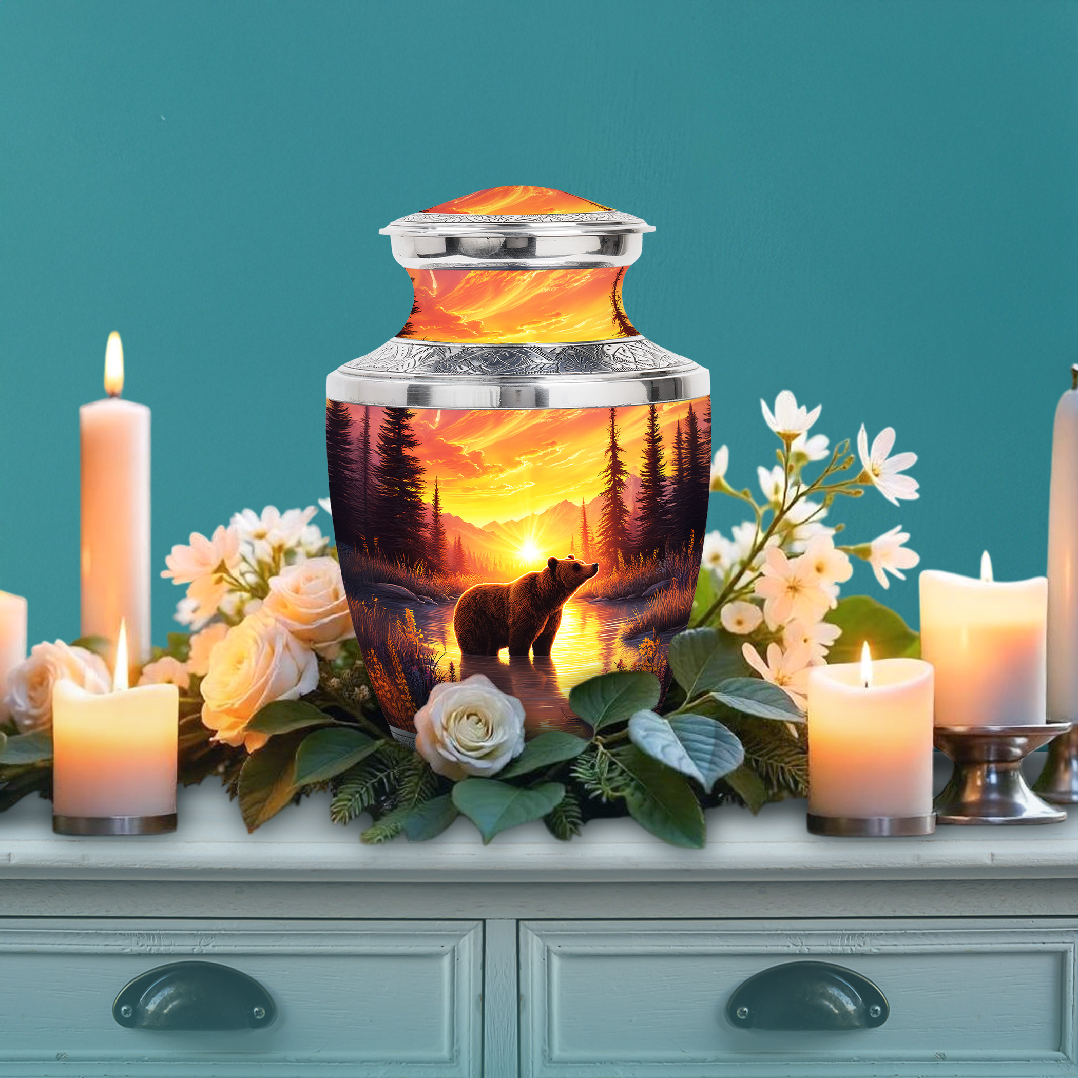 SABURIAL Bear Urn - Mountains Burial Memorial Urn For Adult Ash - Unique Funeral Urns For Mom & Dad - Combo 3 - Large 10 Inch & Small 3 Inch Pack