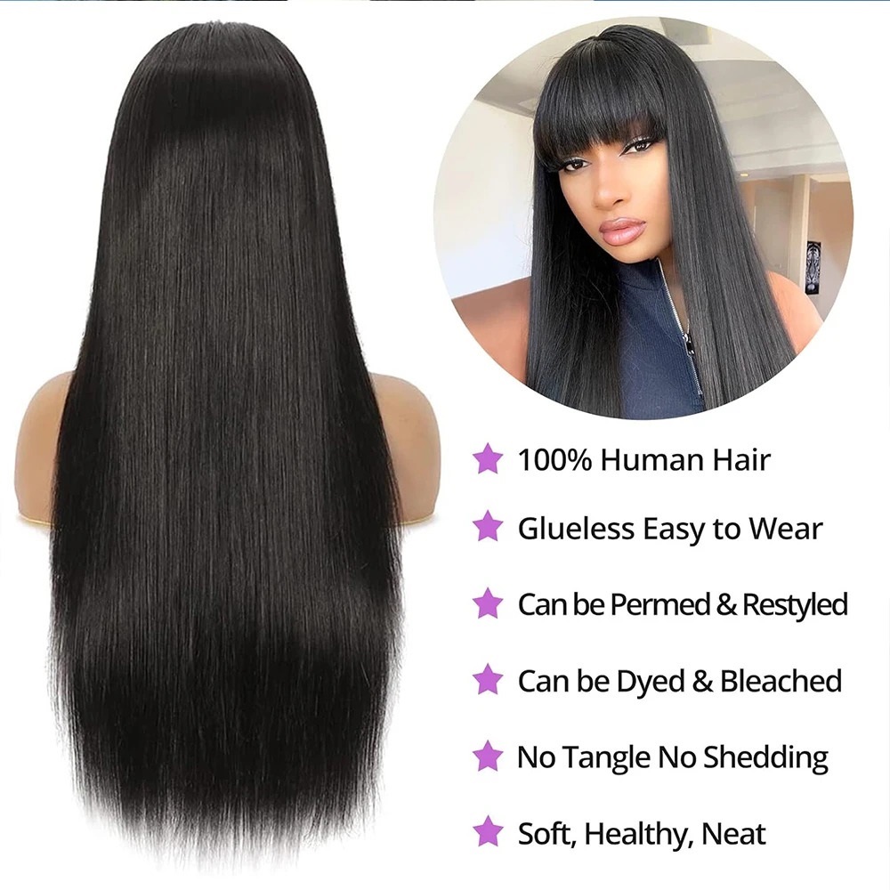 Human Hair Wigs with Bangs 18-36 Inches Straight Non Lace Wig for Women