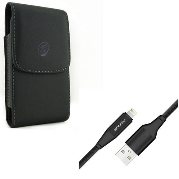 Charger Cord 10ft USB Cable w Leather Case Belt Clip for iPhone XS Max/8 PLUS/7 Plus/6S Plus/6 Plus - Power Wire Braided Long Sync and Holster Cover Pouch Vertical Carry