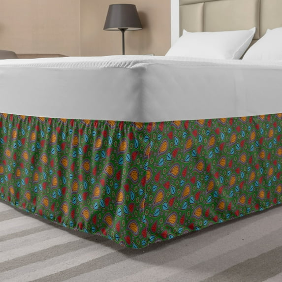 Ethnic Bed Skirt, Image with Swirls Floral Details Paisley Design Fern Green Backdrop, Elastic Bedskirt Dust Ruffle Wrap Around for Bedding Decor, 4 Sizes, Orange Blue and Red, by Ambesonne
