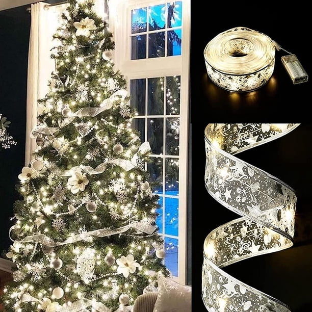 (Plata) Cinta de luces de hadas para árbol de Navidad, 16 pies/5 m, cadena de luces LED con pilas para decoraciones de árboles de Navidad, para decoraciones navideñas, adornos para interiores y exteri
