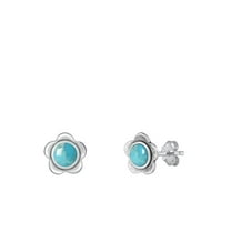 Sterling Silver Simulated Turquoise Flower Stud Earrings 925 New Jewelry Female Unisex