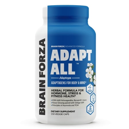 Brain Forza Adapt All Herbal Adaptogen for Stress, Mood and Athletic Performance w/ KSM-66 Ashwagandha, Bacopa, Rhodiola Rosea, Cordyceps, Lemon Balm, Ginkgo Biloba USP, 150 Capsules