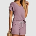 thumbnail image 3 of Scyoekwg Two Piece Outfits for Women Home Pajamas Sets Trendy Solid Color Short Sleeve V-Neck Tops Drawstring Shorts Casual Loose Sweatsuits Sets (Purple,L), 3 of 5