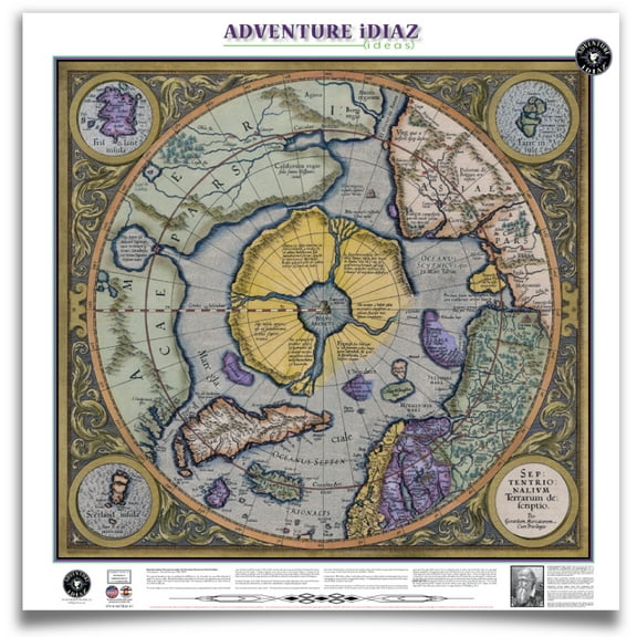 "ADVENTURE IDIAZ Atlas Arctic Region World Map, 36"" x 36"" Mercator's Septentrionalium Terrarum Descriptio"