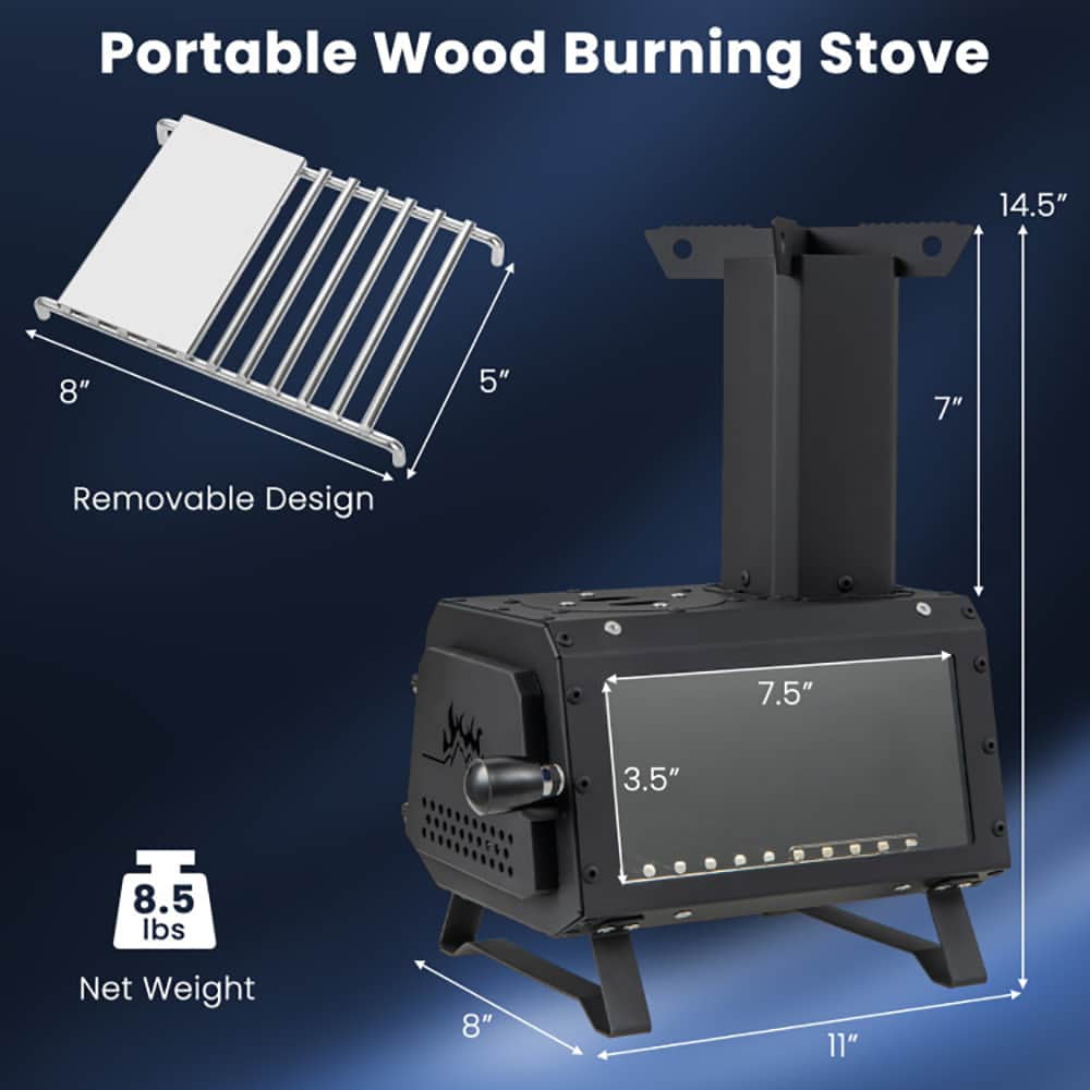 Spaco Portable Wood Camping Burning Stove Heater with 2 Cooking Positions, Portable Wood Burning Stove, Black