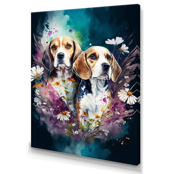 Designart Cute Beagles Floral Art Canvas Wall Art