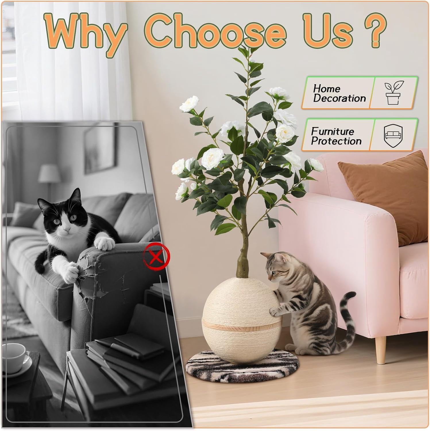 Scratching Post with Artificial Camellia Tree and Sisal Rope Ball, Modern Flower Decor for Indoor Cats