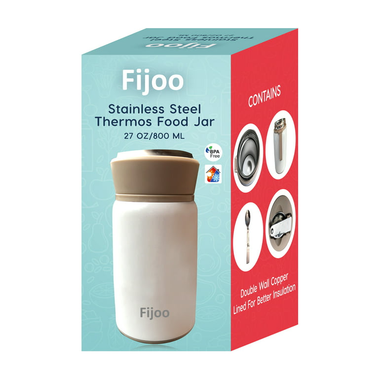 Fijoo Best Stainless Steel Thermos Food Jar with Folding Spoon - Triple Wall Vacuum Insulated Hot & Cold Storage Soup Container - Food