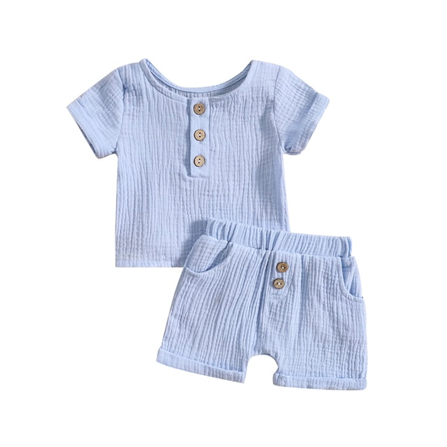 ZAXARRA Infant Boys Summer Outfits Solid Color Buttons Short Sleeve Crew Neck T-Shirts and Elastic Waist Shorts 2Pcs Clothes Set