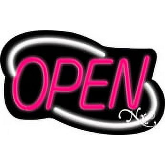 Deco Style Pink Open With White Border LED Neon Sign 14" Tall x 22" Wide, Black Square Cut Acrylic Backing, with Dimmer - Bright and Premium built indoor LED Neon Sign for storefront.