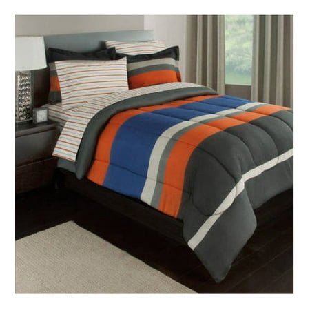 Gray, Orange & Blue Stripes Boys Teen Twin Comforter Set ...