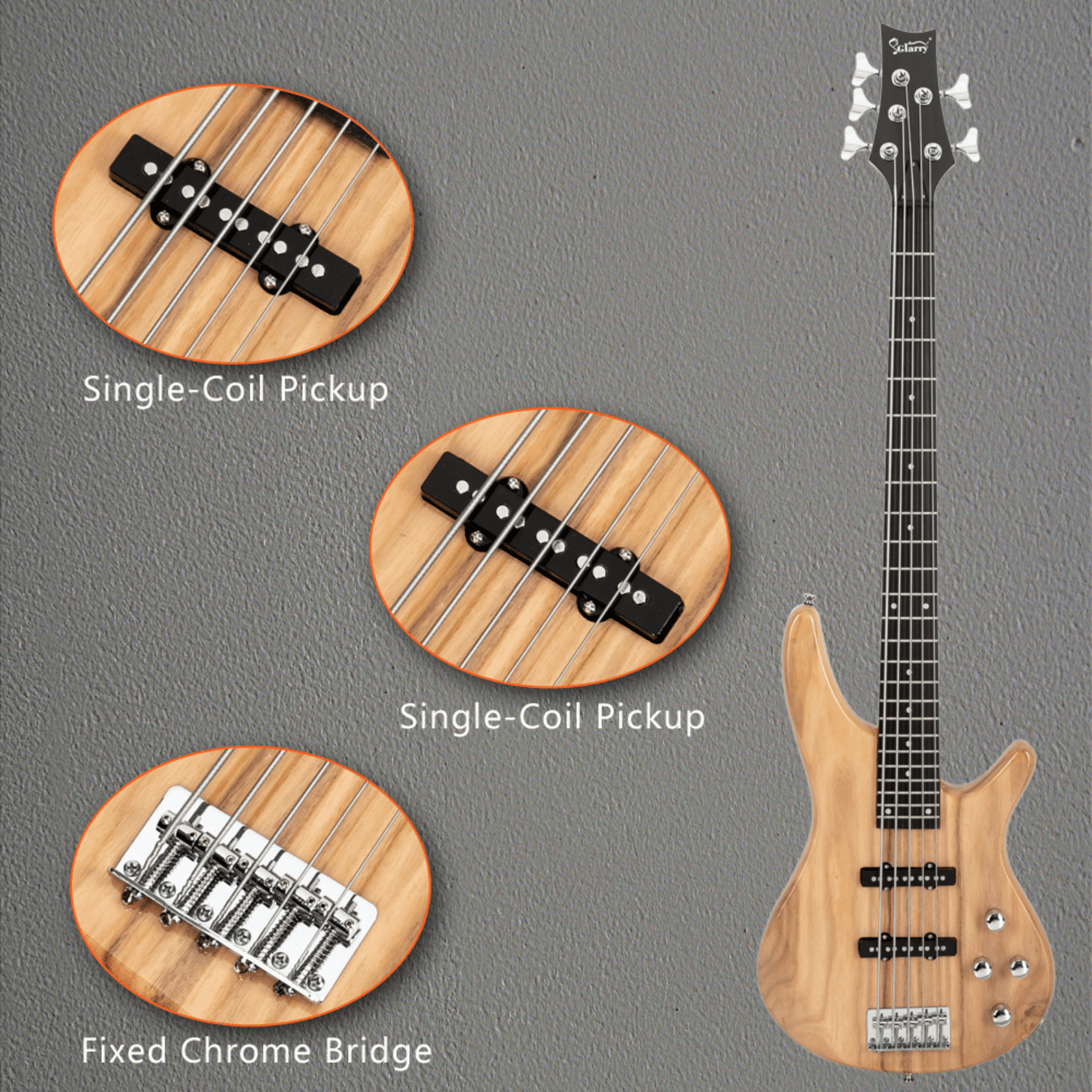 Hassch 5 String Electric Bass Guitar with Bag and Strap, Full Size Guitar with Pick, Connector and Wrench Tool, Burlywood